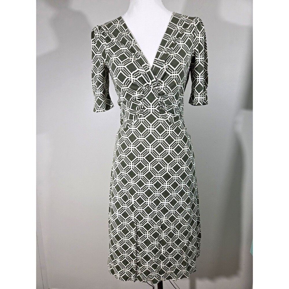 Banana Republic Silk Dress S Green V Neck Geometric Chain-link Retro Preppy 70's